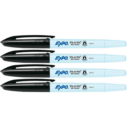 Expo® Vis-A-Vis Wet-Erase Markers, Fine Marker Point, Black, 4/Pack