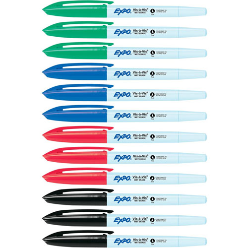 Expo® Vis-A-Vis Wet-Erase Markers, Fine Marker Point, Black, Red, Green, Blue, 12/Dozen