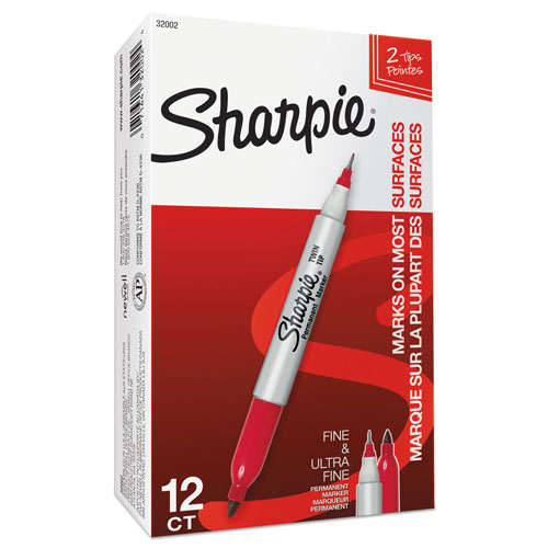 Sharpie® Twin-Tip Permanent Marker, Fine/Extra-Fine Bullet Tip, Red, Dozen