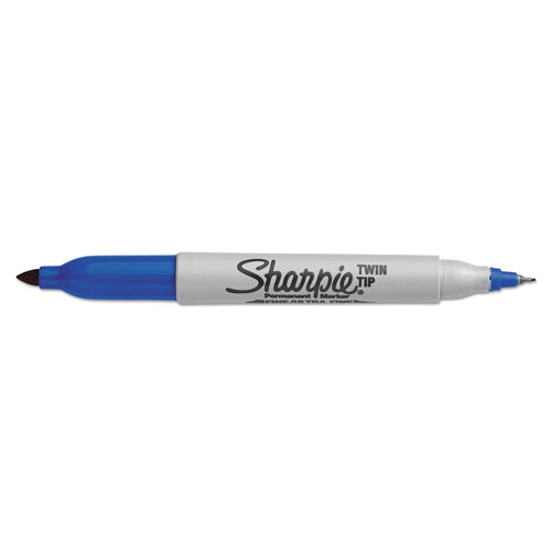 Sharpie® Twin-Tip Permanent Marker, Fine/Extra-Fine Bullet Tip, Blue, Dozen