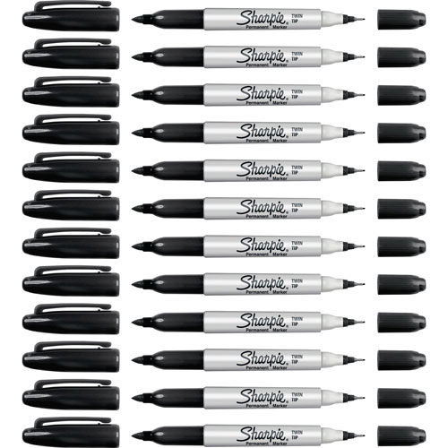 Sharpie® Permanent Markers, Twin Tip, Fine/Ultra Fine Point, 12/BX, Black