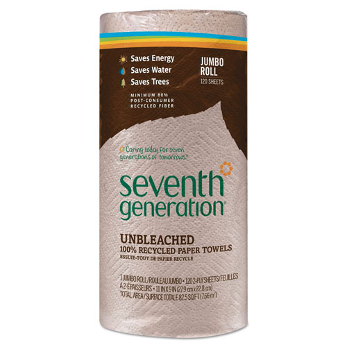 Seventh Generation Natural Unbleached 100% Recycled Paper Towel Rolls, 11 x 9, 120 Sheets per Roll