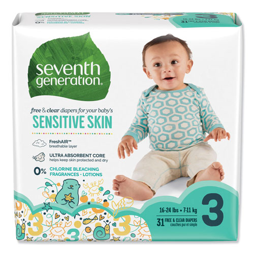 Seventh Generation Free and Clear Baby Diapers, Size 3, 16 lbs to 24 lbs, 124 Diapers per Carton