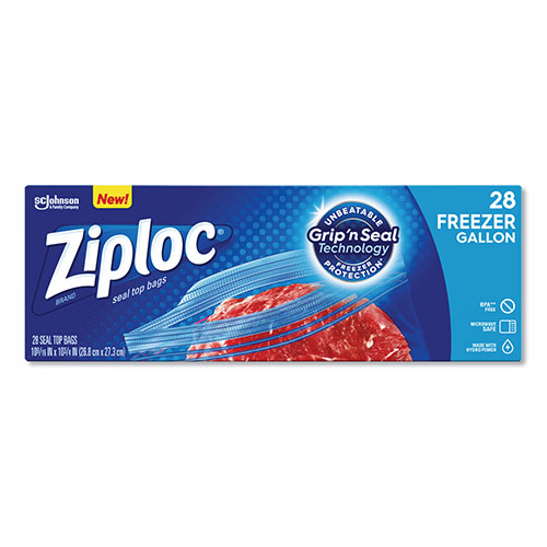 Ziploc® Zipper Freezer Bags, 1 gal, 2.7 mil, 9.6" x 12.1", Clear, 28/Box, 9 Boxes/Carton