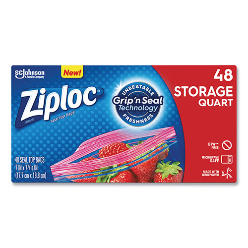 Ziploc® Double Zipper Storage Bags, 1 qt, 1.75 mil, 9.63" x 8.5", Clear, 48/Box
