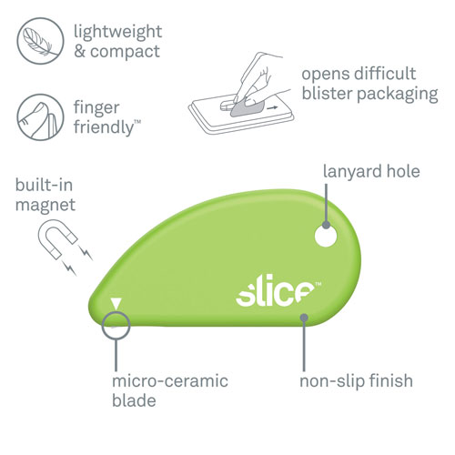 slice® Safety Cutters, Fixed, Non Replaceable Micro Safety Blade, Ceramic, Green