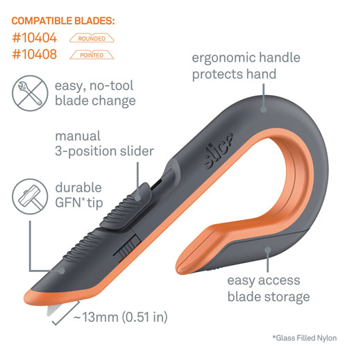 slice® Box Cutters, Double Sided, Replaceable, Carbon Steel, Gray, Orange