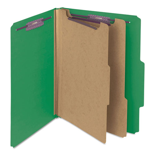 Smead Six-Section Pressboard Top Tab Classification Folders with SafeSHIELD Fasteners, 2 Dividers, Letter Size, Green, 10/Box
