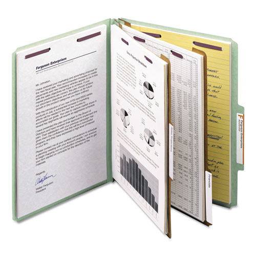Smead Pressboard Classification Folders with SafeSHIELD Coated Fasteners, 2/5 Cut, 2 Dividers, Letter Size, Gray-Green, 10/Box