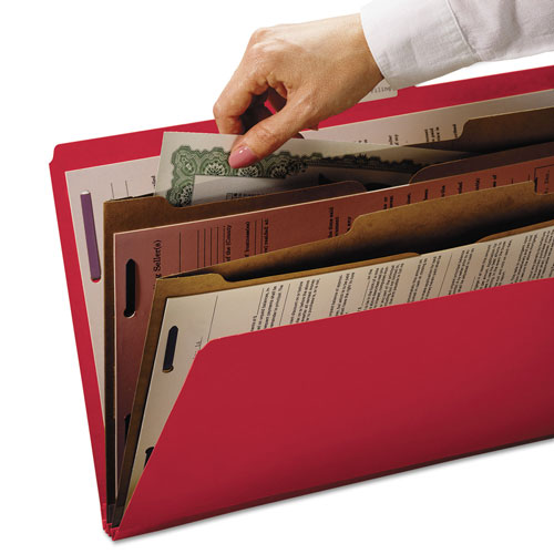 Smead 6-Section Pressboard Top Tab Pocket-Style Classification Folders with SafeSHIELD Fasteners, 2 Dividers, Letter, Red, 10/Box