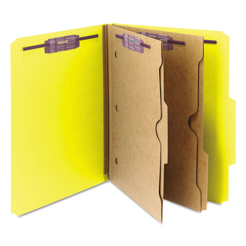 Smead 6-Section Pressboard Top Tab Pocket-Style Classification Folders with SafeSHIELD Fasteners, 2 Dividers, Letter, Yellow, 10/BX