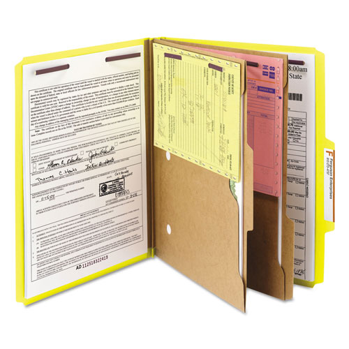 Smead 6-Section Pressboard Top Tab Pocket-Style Classification Folders with SafeSHIELD Fasteners, 2 Dividers, Letter, Yellow, 10/BX