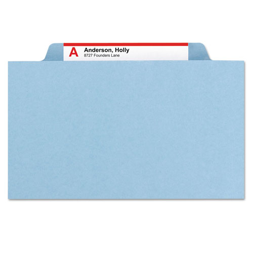 Smead Eight-Section Pressboard Top Tab Classification Folders with SafeSHIELD Fasteners, 3 Dividers, Letter Size, Blue, 10/Box