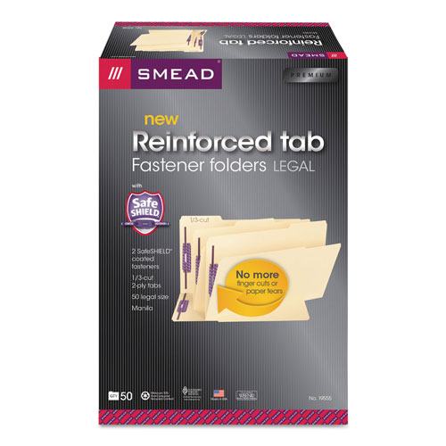 Smead Manila 2-Fastener Folders with Two SafeSHIELD Coated Fasteners, 1/3-Cut Tabs, Letter Size, 50/Box