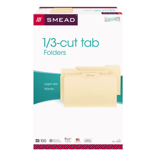 Smead Manila File Folders, 1/3-Cut Tabs, Legal Size, 100/Box