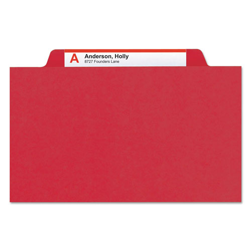 Smead Four-Section Pressboard Top Tab Classification Folders with SafeSHIELD Fasteners, 1 Divider, Legal Size, Bright Red, 10/Box