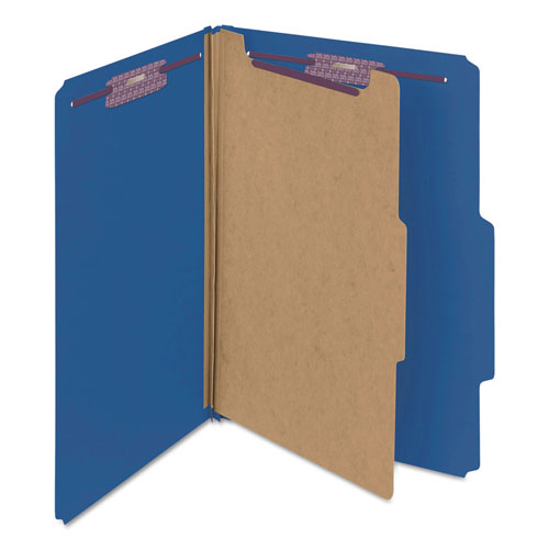 Smead Four-Section Pressboard Top Tab Classification Folders with SafeSHIELD Fasteners, 1 Divider, Legal Size, Dark Blue, 10/Box