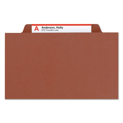 Smead Pressboard Classification Folders with SafeSHIELD Coated Fasteners, 2/5 Cut, 1 Divider, Legal Size, Red, 10/Box