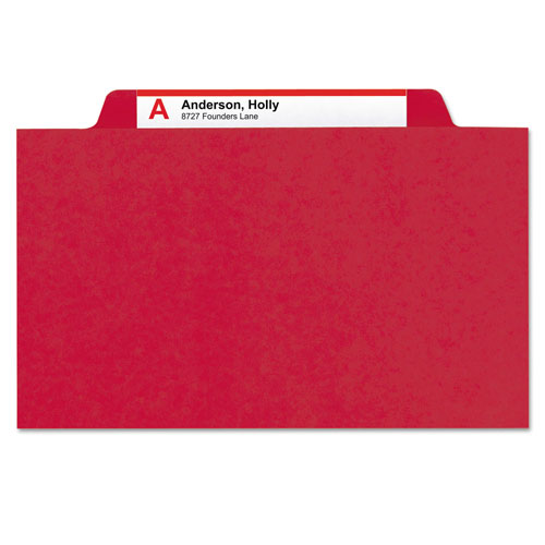 Smead Six-Section Pressboard Top Tab Classification Folders with SafeSHIELD Fasteners, 2 Dividers, Legal Size, Bright Red, 10/Box