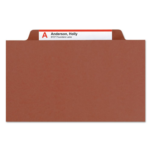 Smead Pressboard Classification Folders with SafeSHIELD Coated Fasteners, 2/5 Cut, 2 Dividers, Legal Size, Red, 10/Box
