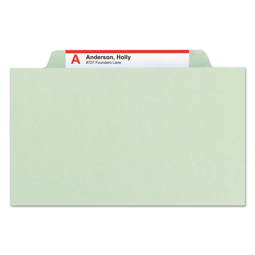 Smead Pressboard Classification Folders with SafeSHIELD Coated Fasteners, 2/5 Cut, 2 Dividers, Legal Size, Gray-Green, 10/Box