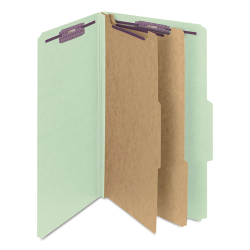 Smead Pressboard Classification Folders with SafeSHIELD Coated Fasteners, 2/5 Cut, 2 Dividers, Legal Size, Gray-Green, 10/Box