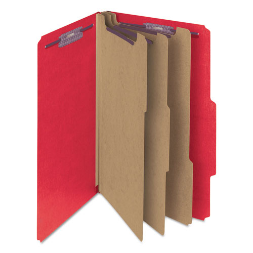 Smead Eight-Section Pressboard Top Tab Classification Folders with SafeSHIELD Fasteners, 3 Dividers, Legal Size, Bright Red, 10/Box