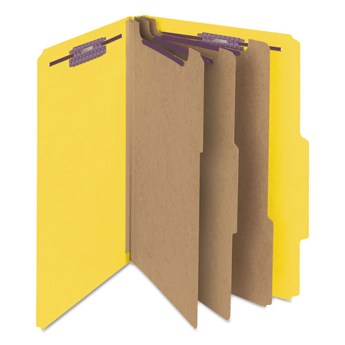 Smead Eight-Section Pressboard Top Tab Classification Folders with SafeSHIELD Fasteners, 3 Dividers, Legal Size, Yellow, 10/Box