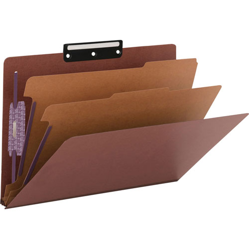 Smead Pressboard Classification Folders with SafeSHIELD Coated Fasteners, 1/3-Cut, 2 Dividers, Legal Size, Red, 10/Box