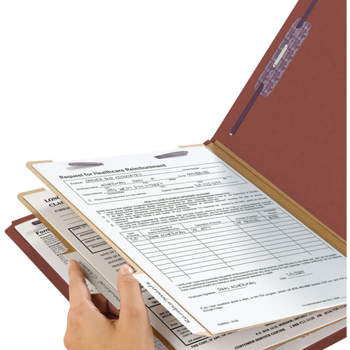 Smead Pressboard Classification Folders with SafeSHIELD Coated Fasteners, 1/3-Cut, 2 Dividers, Legal Size, Red, 10/Box