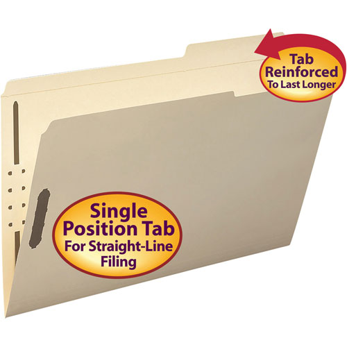 Smead Top Tab 2-Fastener Folders, 2/5-Cut Tabs, Right of Center, Legal Size, 11 pt. Manila, 50/Box