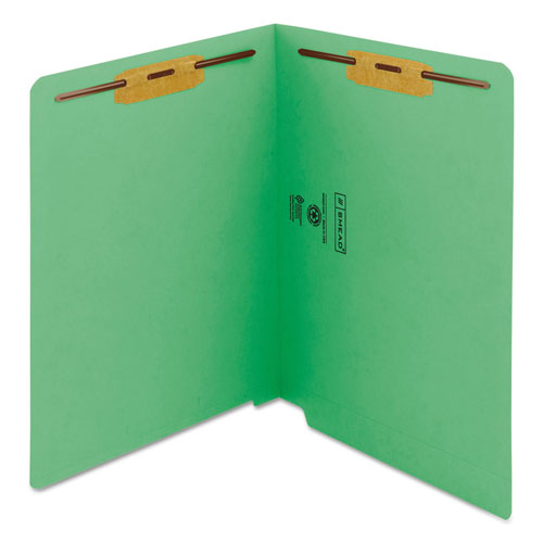 Smead Heavyweight Colored End Tab Folders with Two Fasteners, Straight Tab, Letter Size, Green, 50/Box