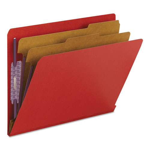 Smead End Tab Pressboard Classification Folders with SafeSHIELD Fasteners, 2 Dividers, Letter Size, Bright Red, 10/Box