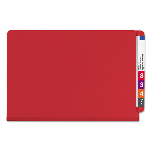Smead End Tab Pressboard Classification Folders with SafeSHIELD Fasteners, 2 Dividers, Legal Size, Bright Red, 10/Box