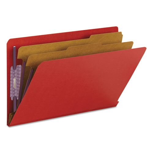 Smead End Tab Pressboard Classification Folders with SafeSHIELD Fasteners, 2 Dividers, Legal Size, Bright Red, 10/Box