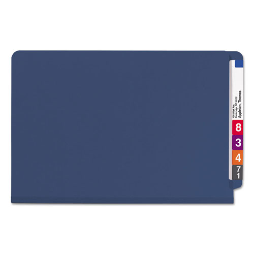 Smead End Tab Colored Pressboard Classification Folders with SafeSHIELD Coated Fasteners, 2 Dividers, Legal Size, Dark Blue, 10/Box