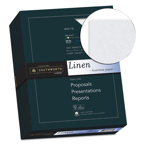 Southworth 25% Cotton Linen Business Paper, 91 Bright, 24 lb, 8.5 x 11, White, 500/Ream