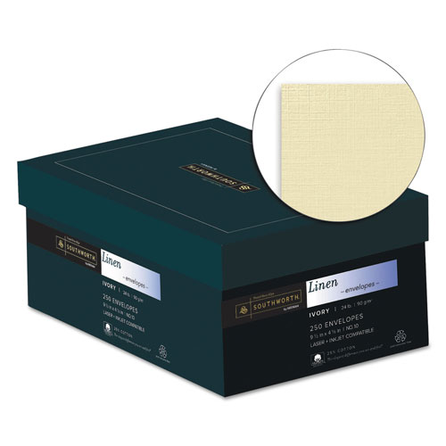 Southworth 25% Cotton Linen #10 Envelope, Commercial Flap, Gummed Closure, 4.13 x 9.5, Ivory, 250/Box