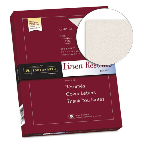 Southworth 100% Cotton Premium Weight Linen Resume Paper, 32 lb, 8.5 x 11, Almond, 100/Pack