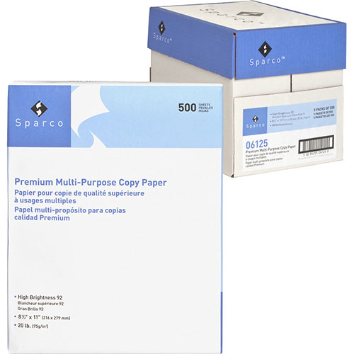 Sparco White Copy Paper, 8 1/2 x 11 (Letter), 92 Bright, 20 lb, 500 Sheets Per Ream, Case of 5 Reams