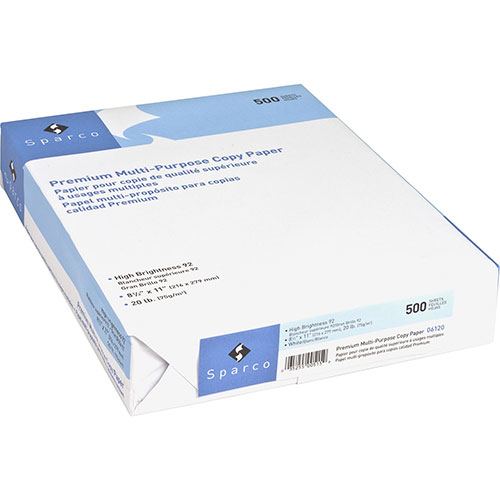 Sparco White Copy Paper, 8 1/2 x 11 (Letter), 92 Bright, 20 lb, 500 Sheets Per Ream, Case of 5 Reams