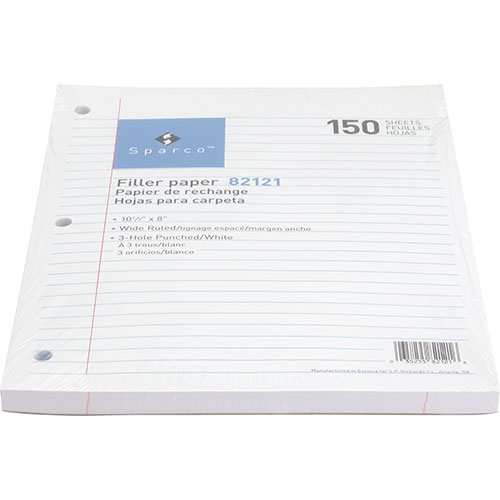 Sparco Filler Paper, Wide Ruled, 10 1/2"x8", 150/Pack, White