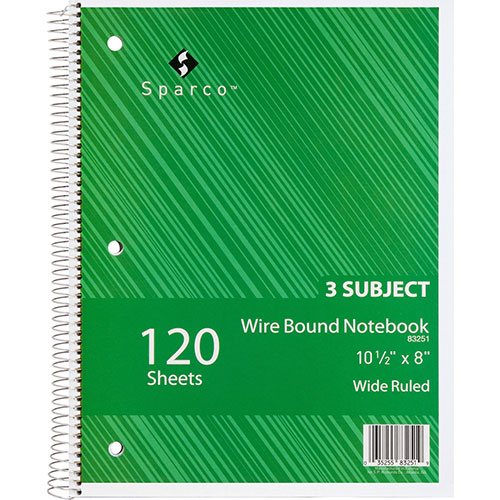 Sparco Notebooks, Wirebound, 3 Subject, 10 1/2"x8", Wide Ruled, 120SH