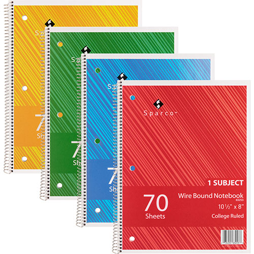 Sparco Notebooks, Wirebound, 1 Subject, 10 1/2"x8", College Ruled, 70SH