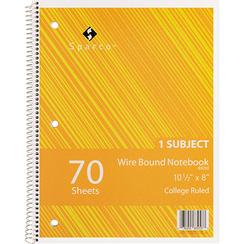 Sparco Notebooks, Wirebound, 1 Subject, 10 1/2"x8", College Ruled, 70SH