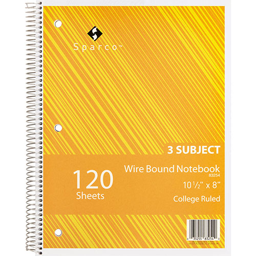 Sparco Notebooks, Wirebound, 3 Subject, 10 1/2"x8", College Ruled, 180SH