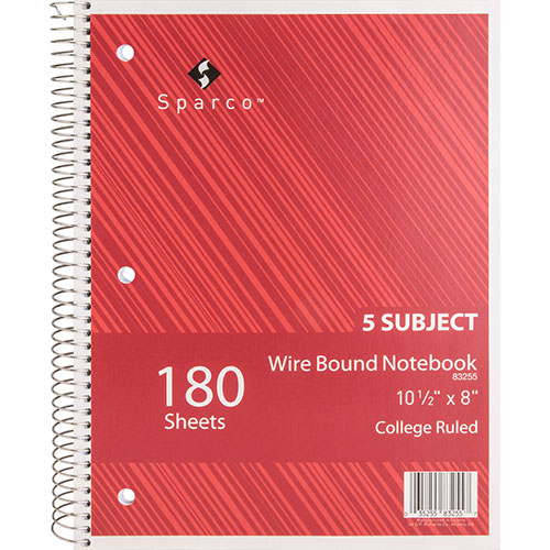 Sparco Notebooks, Wirebound, 3 Subject, 10 1/2" x 8" College Ruled, 120SH