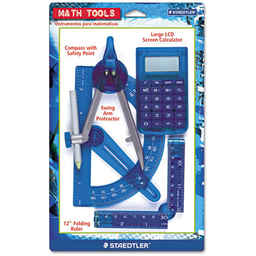 Staedtler 4-Piece Math Tools Set, Calculator, Ruler, Protractor, Compass