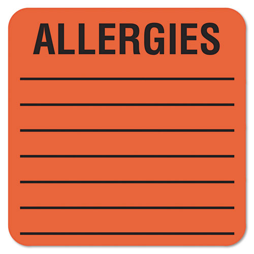 Tabbies Allergy Warning Labels, ALLERGIES, 2 x 2, Fluorescent Red, 500/Roll
