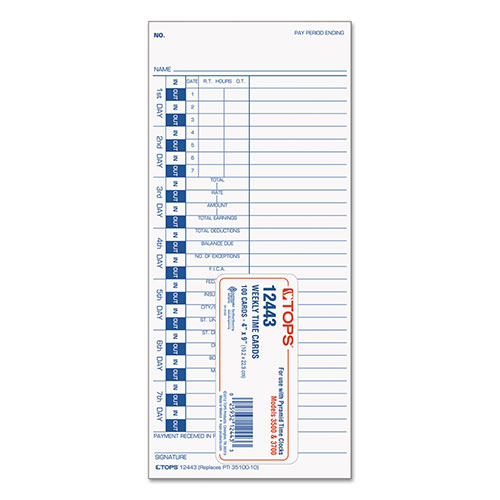 TOPS Time Clock Cards, Replacement for 35100-10, One Side, 4 x 9, 100/Pack